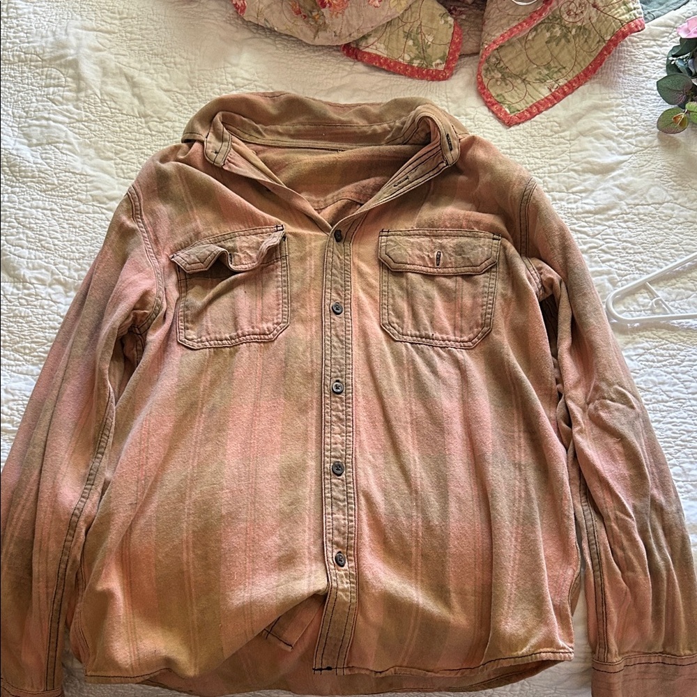 Striped Button-Up Shirt Jacket in Faded Peach and burnt orange